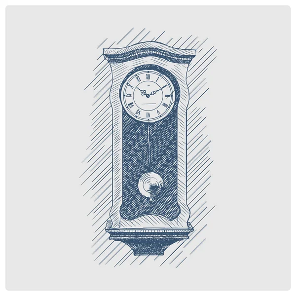 Old clock with pendulum sketch obsolete blue style raster illustration. Old hand drawn azure engraving imitation.