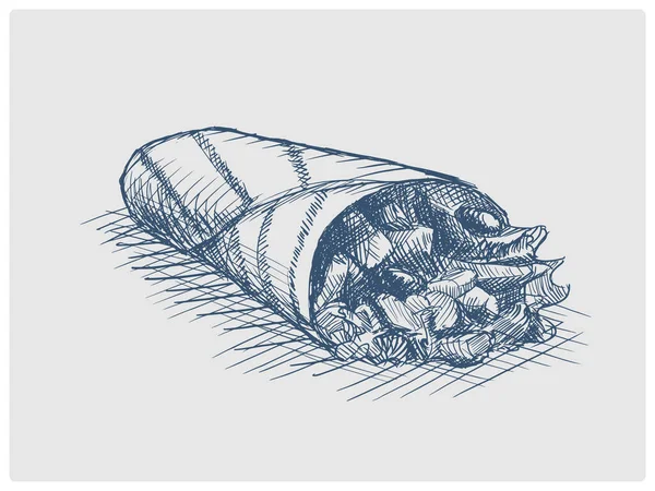 Burrito Kebab Fast Food Shawarma Σκίτσο Παρωχημένο Μπλε Στυλ Raster — Φωτογραφία Αρχείου