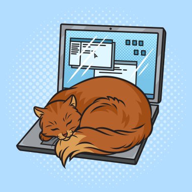Kedi dizüstü bilgisayarda uyuyor Pop Art retro vektör illüstrasyonu. Çizgi roman tarzı taklit.