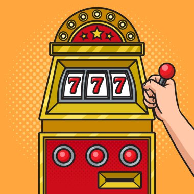 Slot makinesi, pop sanat retro vektör illüstrasyonunu kazandı. Kumar makinesinde oynayan bir adam. Çizgi roman tarzı taklit.