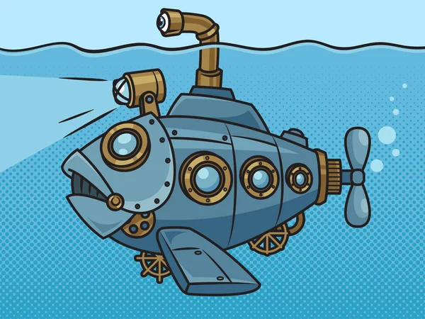 Submarino Fantástico Forma Gran Pez Mecánico Pinup Arte Pop Ilustración — Vector de stock