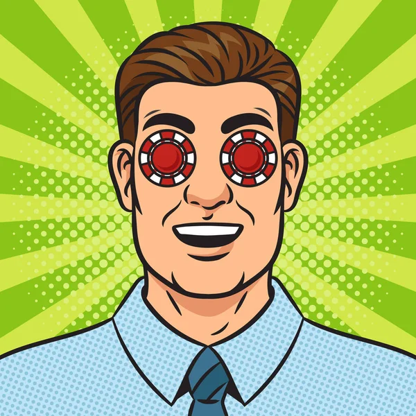 Человек Жетонами Казино Вместо Глаз Пинап Поп Арт Ретро Векторной — стоковый вектор
