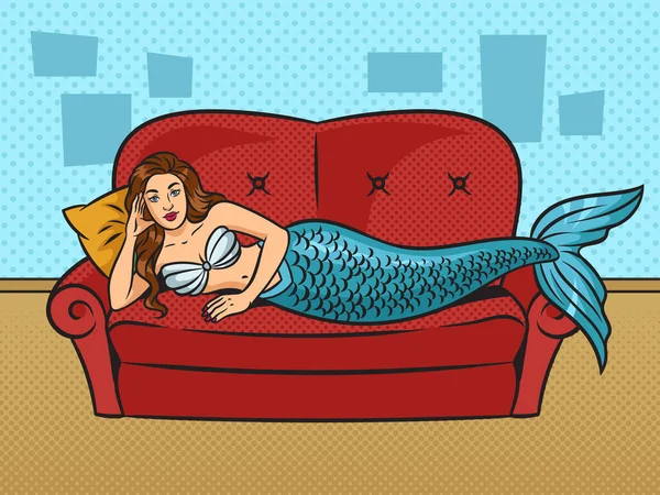 美人鱼躺在沙发上抓起流行艺术复古栅格插图 漫画书风格模仿 — 图库照片