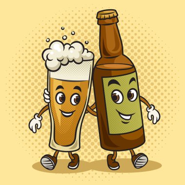 Bira şişesi arkadaşlarıyla yürüyen çizgi film bardakları pop art retro vektör çizimleri yapıyor. Çizgi roman tarzı taklit.