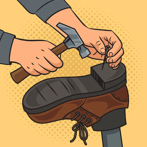 靴職人コブラー手で仕事のピンナップポップアートレトロベクトルイラスト 漫画風模倣 — ストックベクタ