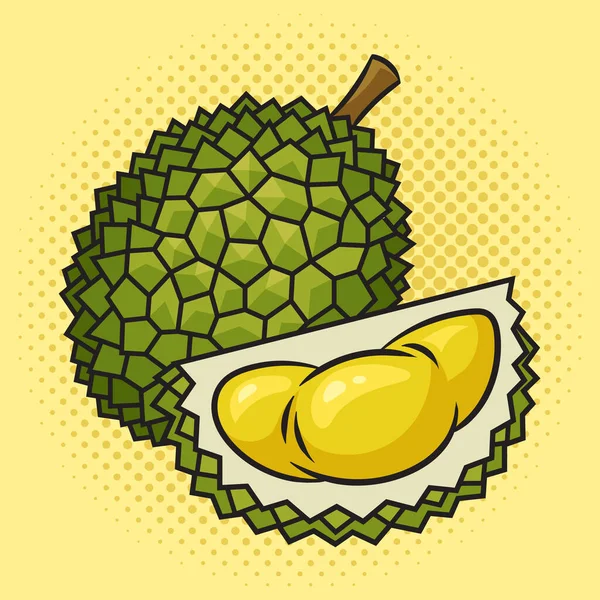Durian Fruit Pin Pop Art Retro Vector Illustratie Stripboek Stijl — Stockvector
