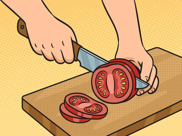 Koch Schneidet Die Tomaten Pinup Pop Art Retro Vektor Illustration — Stockvektor