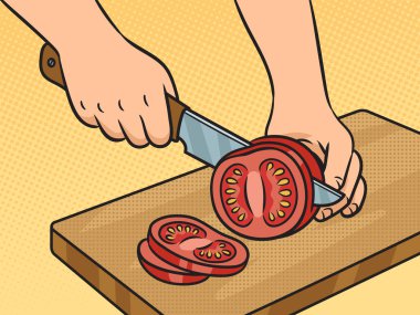 Şef domatesleri kesip pop art retro-raster çizimini yapıyor. Çizgi roman tarzı taklit.