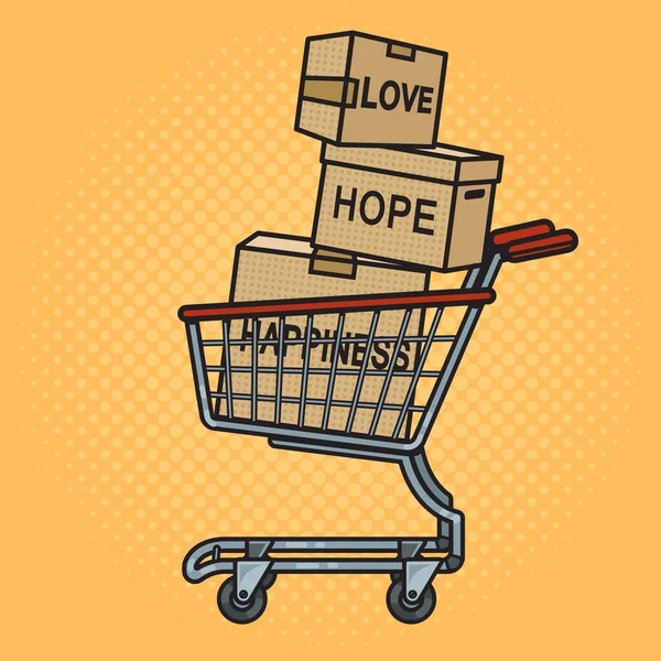 Panier Avec Des Boîtes Bonheur Amour Espoir Pinup Pop Art — Image vectorielle