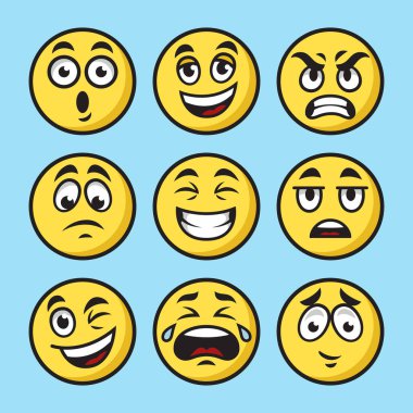 Emoticon Emoji pop art retro vektör illüstrasyonunu ayarladı. Çizgi roman tarzı taklit.