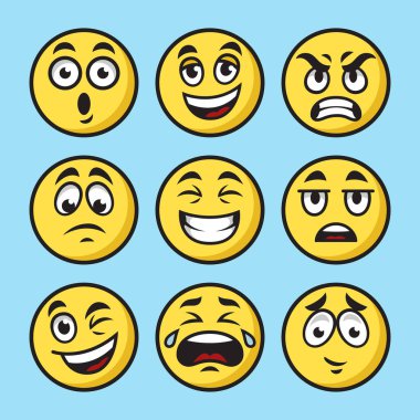 Emoticon Emoji pop sanatı retro-raster illüstrasyonunu hazırladı. Çizgi roman tarzı taklit.