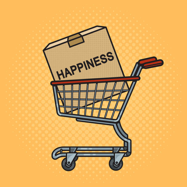 Shopping cart with box of happiness pinup pop art retro raster illustration. Comic book style imitation.