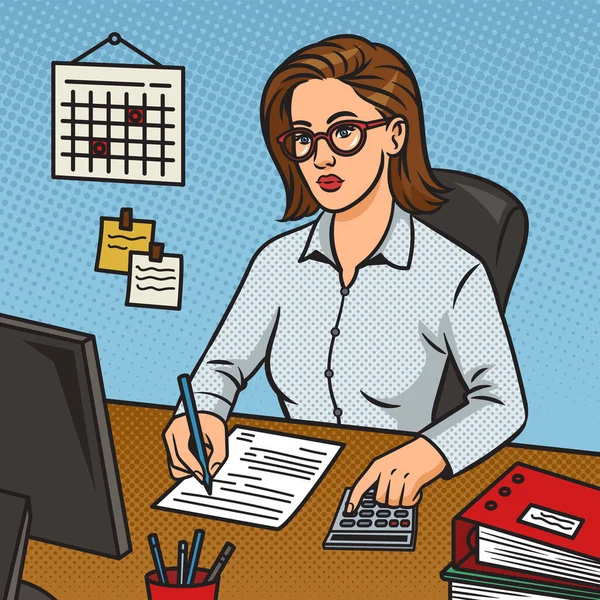 女の子会計士机の上のポップアートのレトロベクトルイラスト 漫画風模倣 — ストックベクタ