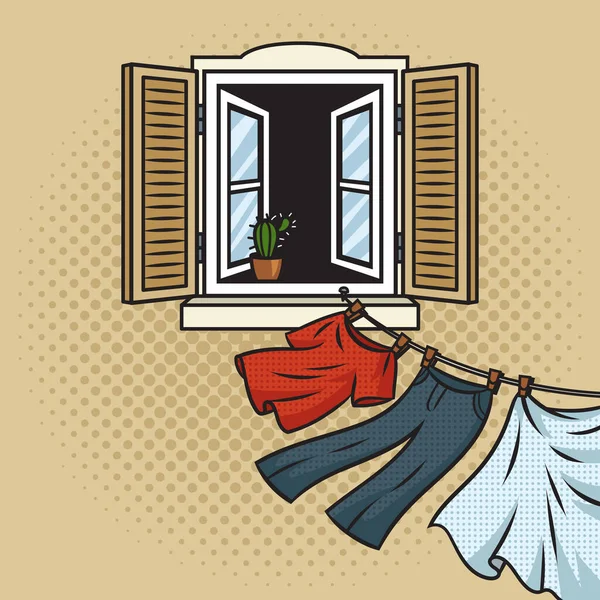 Kleider Werden Fenster Des Hauses Einem Seil Getrocknet Nachahmung Comic — Stockvektor
