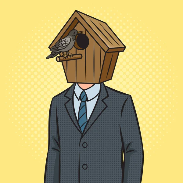 Empresário Político Com Casa Pássaros Cabeça Pinup Pop Arte Retro — Vetor de Stock
