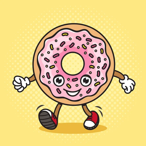 Cartoon Donut Camina Sobre Sus Pies Pinup Arte Pop Ilustración — Vector de stock