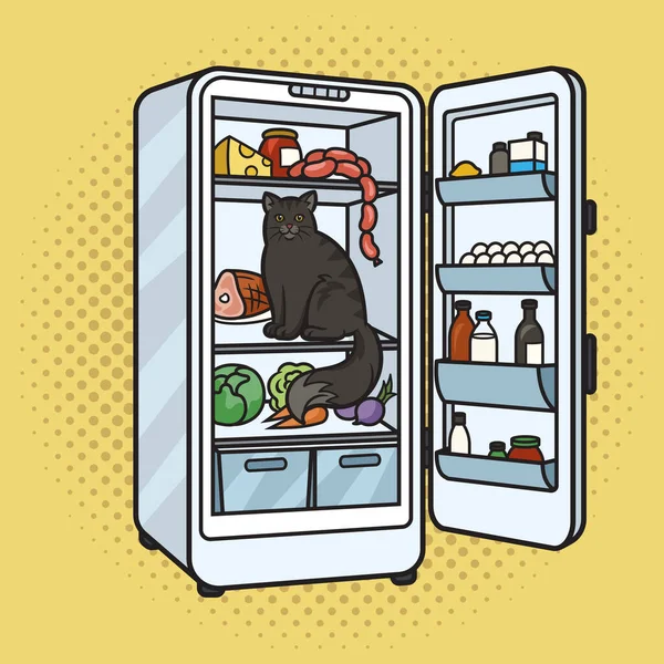 冷蔵庫の猫フードピンナップポップアートレトロベクトルイラスト 漫画風模倣 — ストックベクタ