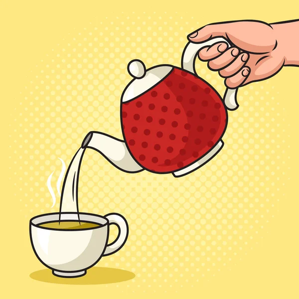 Çaydanlıktan Fincana Çay Doldurur Pop Art Retro Vektör Illüstrasyonu Çizgi — Stok Vektör