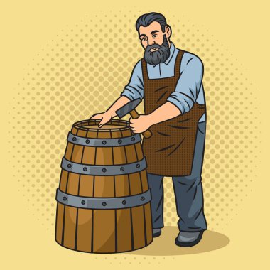 Fıçı yapımcısı fıçı raptiyeci, pop sanatının retro-retro çizimi. Çizgi roman tarzı taklit.