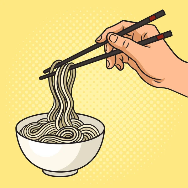 吃面用筷子夹住流行艺术复古矢量插图 漫画书风格模仿 — 图库矢量图片