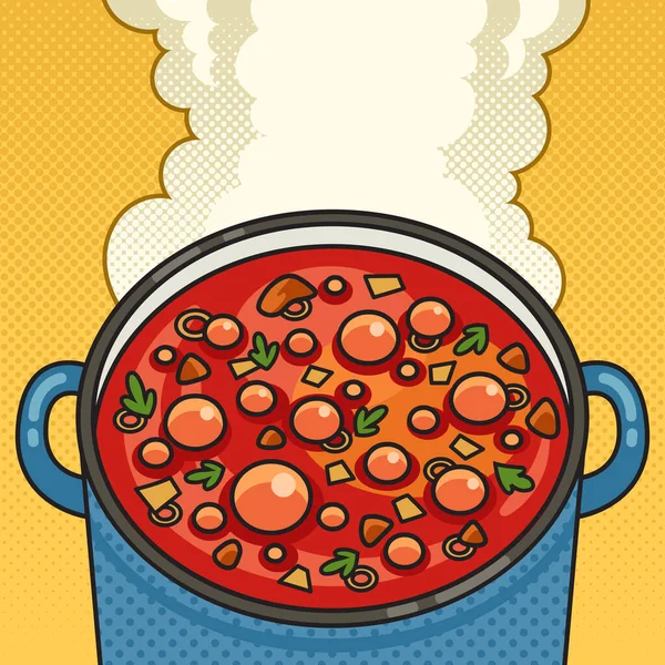 Çorba Pop Art Retro Vektör Illüstrasyonunda Pişirilir Çizgi Roman Tarzı — Stok Vektör
