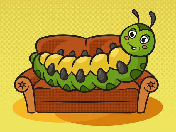 게으른 애벌레는 소파에 누워서 아트의 일러스트를 먹습니다 만화책의 — 스톡 벡터
