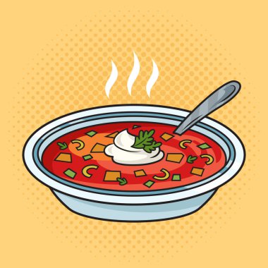 Ukrayna Borsch tabağı ekşi çorba pop sanat retro vektör çizimi. Çizgi roman tarzı taklit.