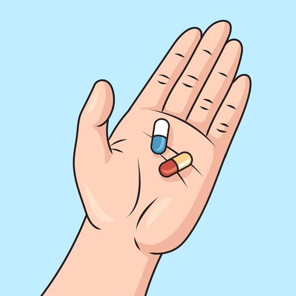 Φάρμακα Χάπια Στο Χέρι Σχηματική Διανυσματική Απεικόνιση Ιατρική Επιστήμη Εκπαιδευτική — Διανυσματικό Αρχείο