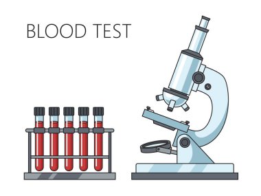 Kan testleri şematik vektör illüstrasyonlu mikroskop. Tıp bilimi eğitimsel illüstrasyon