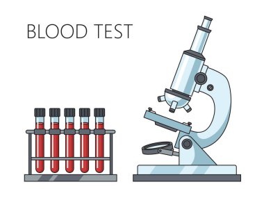 Kan testleri şematik raster illüstrasyonlu mikroskop. Tıp bilimi eğitimsel illüstrasyon