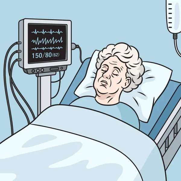 Mujer Anciana Una Cama Hospital Muriendo Ilustración Vectorial Esquemática Ilustración — Vector de stock