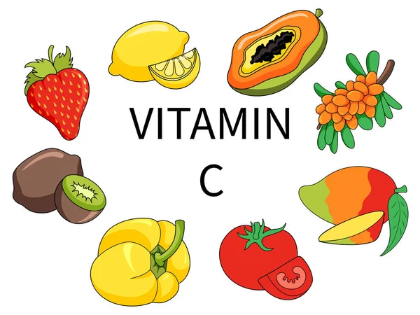 Frukt Och Vegetabiliska Livsmedel Som Innehåller Vitamin Diagram Schematisk Vektor — Stock vektor