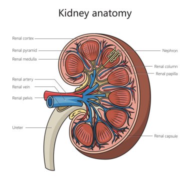 İnsan böbreği anatomisi şematik vektör çizimi. Tıp bilimi eğitimsel illüstrasyon