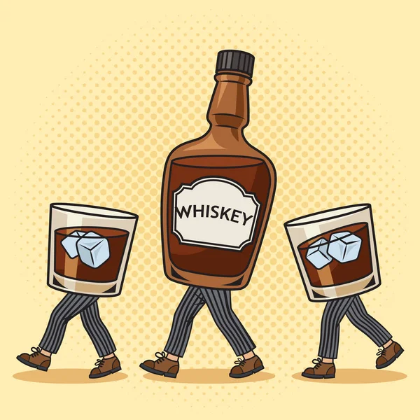 Whiskey Alkohol Palack Jég Szemüveg Séta Lábát Pinup Pop Art — Stock Vector