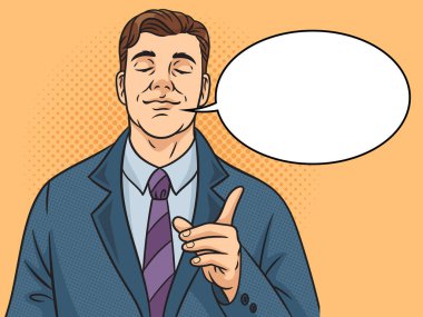 Metin baloncuklu kendinden emin ve memnun iş adamı mim pop sanat retro-raster illüstrasyonuyla. Çizgi roman tarzı taklit.