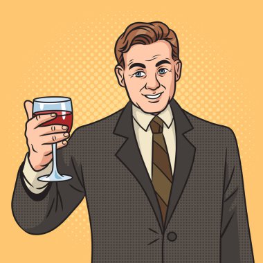 Elinde şarap işadamı mim olan bir adam pop sanat retro vektör çizimi yapıyor. Çizgi roman tarzı taklit.