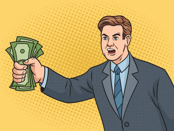 Shut up and take my money meme man businessman with dollars money cash in hand pop art retro vector illustration. Comic book style imitation.