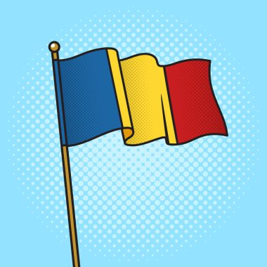 Romanya bayrağı pop sanatı retro-raster illüstrasyonunu asıyor. Çizgi roman tarzı taklit.