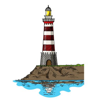 Deniz feneri kabartma taslak çizimi el çizimi renk vektörü çizimi. Tahta sitili taklit. El çizimi resim.