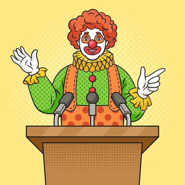 Clown speaking from the podium tribune pop art retro hand drawn raster illustration. Comic book style imitation.