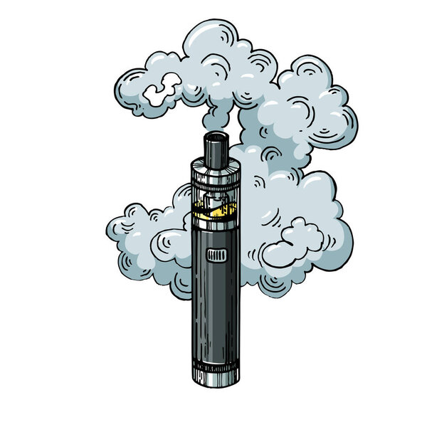 Electronic vape cigarette engraving sketch hand drawn color vector illustration. Scratch board style imitation. Hand drawn image.