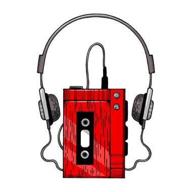 Kulaklık takan taşınabilir ses kasetçalar, çizim stili el çizimi renk vektörü çizimi. Tahta sitili taklit. El çizimi resim.