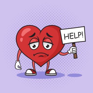 Üzgün hasta karikatür kalbi pop sanatının retro el çizimi çizimi çizimine yardım istiyor. Çizgi roman tarzı taklit.