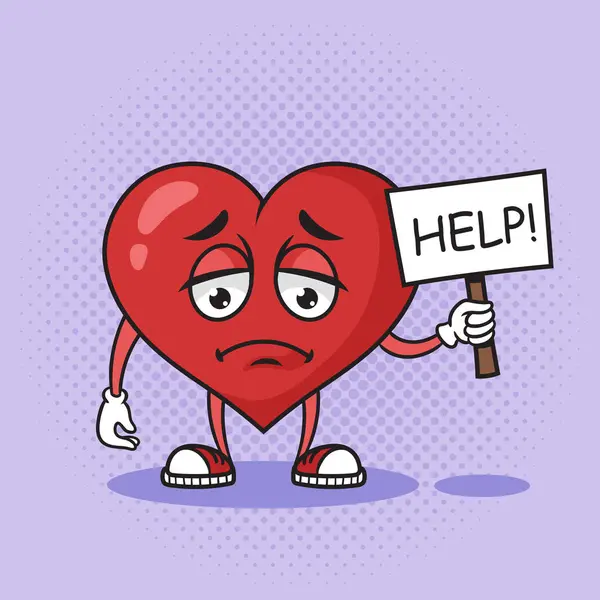 Üzgün hasta karikatür kalbi pop sanatının retro el çizimi çizimi çizimine yardım istiyor. Çizgi roman tarzı taklit.