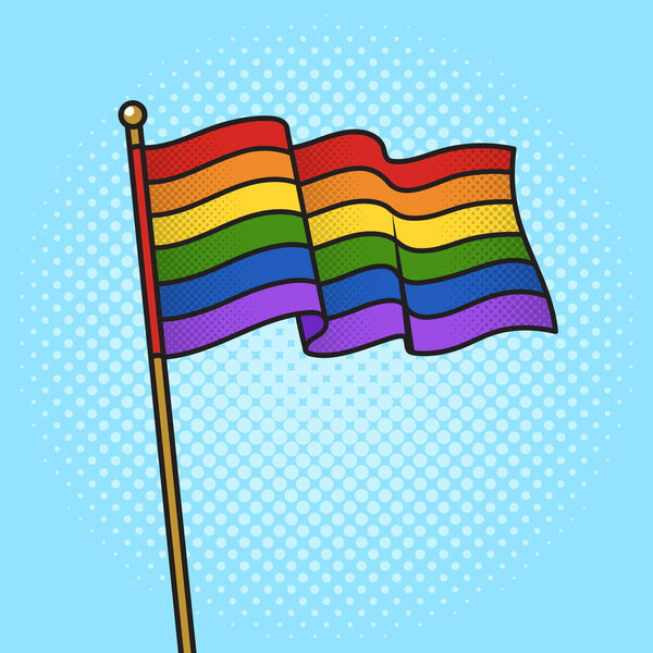 Rainbow pride flag LGBT pinup hand drawn pop art retro raster illustration. Comic book style imitation.