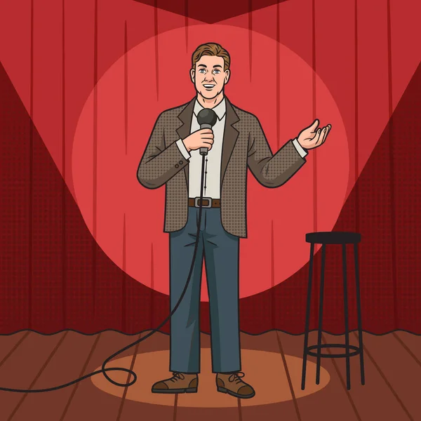Stand-up comedy comedian man performing pinup pop art retro hand drawn vector illustration. Comic book style imitation.