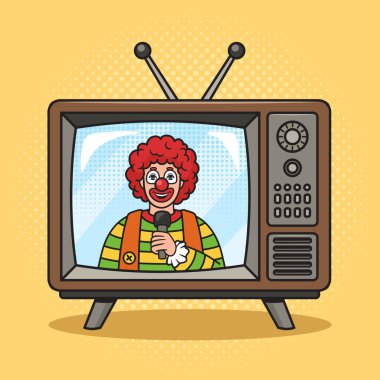 TV 'deki palyaço TV sunucusu pop sanatı retro el çizimi vektör çizimi yapıyor. Çizgi roman tarzı taklit.