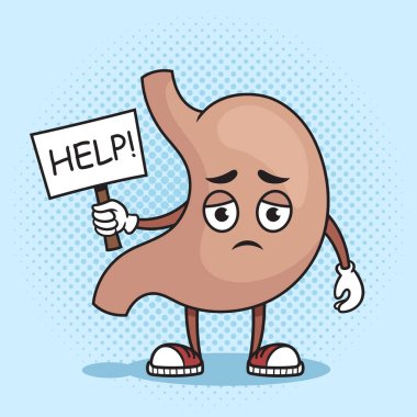 Üzgün hasta anatomik mide Pop Art retro el çizimi vektör çizimi için yardım istiyor. Çizgi roman tarzı taklit.