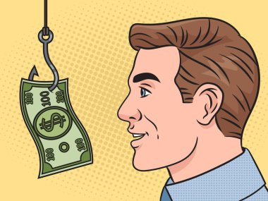 Adam paraya takılmış, para tuzağı para metaforu pop sanat retro el çizimi vektör çizimi. Çizgi roman tarzı taklit.