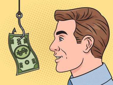 Adam paraya takılmış. Para tuzağı, para metaforu, pop sanatının retro el çizimi Raster illüstrasyonu. Çizgi roman tarzı taklit.